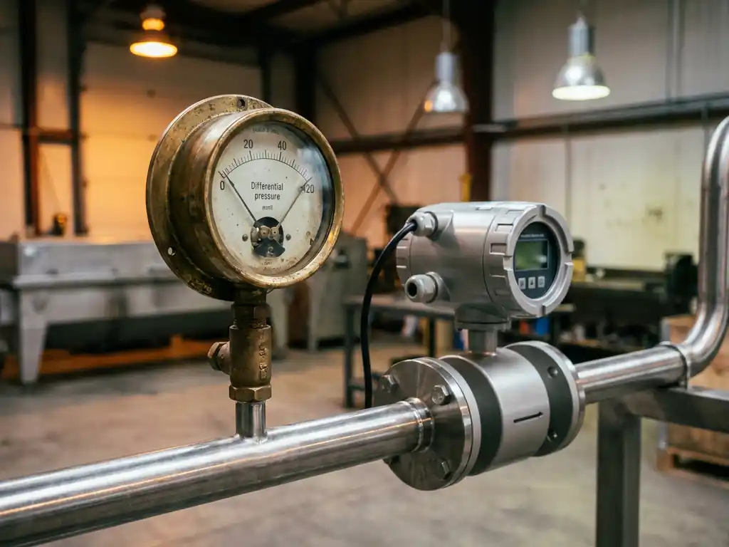 Verwittertes Messing-Differenzdruckmanometer neben modernem elektromagnetischen Durchflussmesser an einer Stahlrohrleitung.