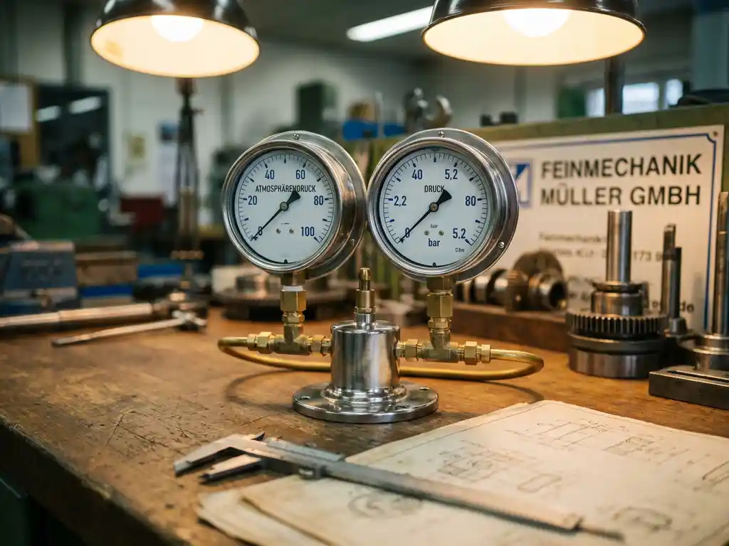 Präzisions-Druckmessgerät mit zwei Messkammern und Messingverbindungen auf industrieller Werkbank in deutscher Ingenieursfabrik