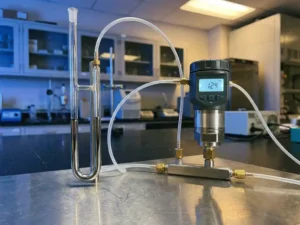 Traditionelles Quecksilber-U-Rohr-Manometer neben modernem elektronischen Differenzdrucksensor auf Industriearbeitsplatz