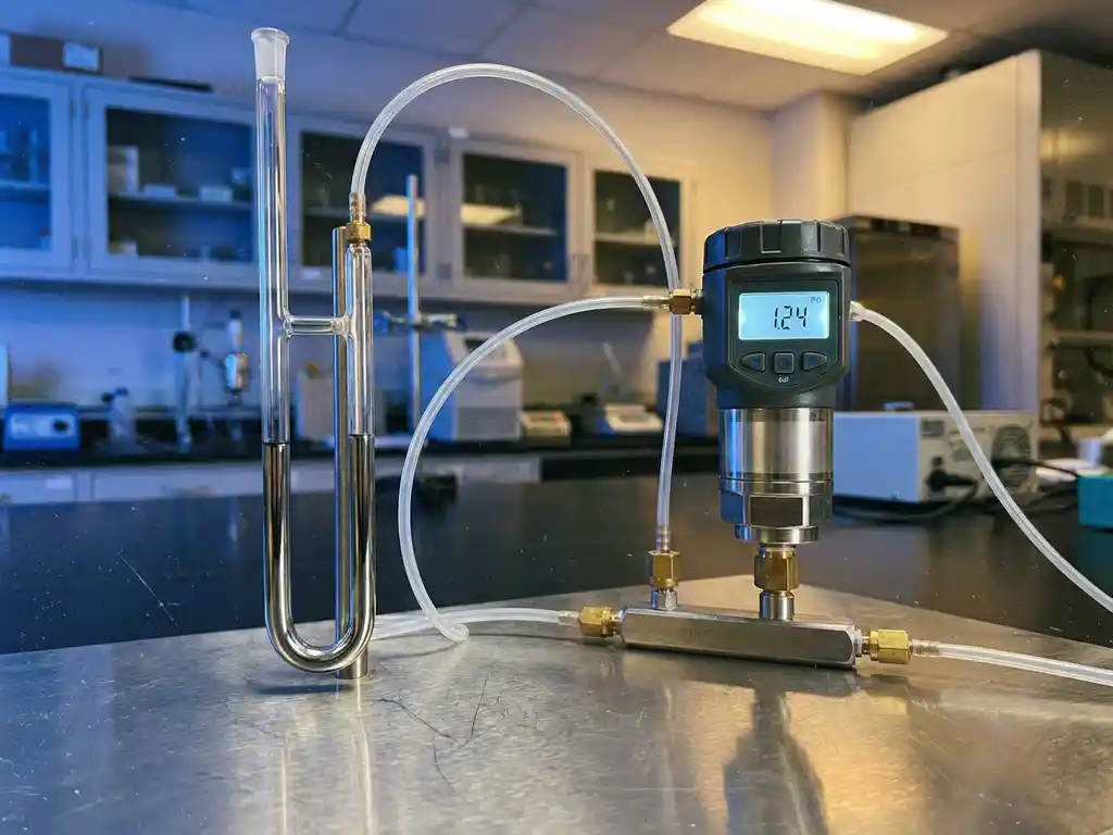 Traditionelles Quecksilber-U-Rohr-Manometer neben modernem elektronischen Differenzdrucksensor auf Industriearbeitsplatz