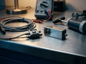 Präzisions-Differenzdrucksensor mit freiliegendem Piezoresistiv-Siliziumchip neben kapazitivem Sensormodul auf Industriearbeitsplatz