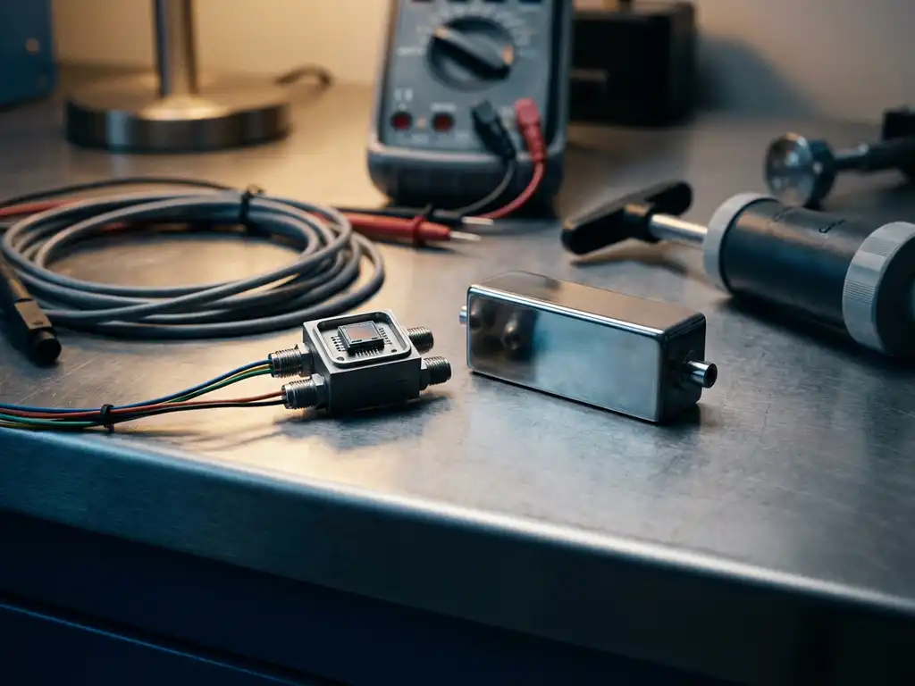 Präzisions-Differenzdrucksensor mit freiliegendem Piezoresistiv-Siliziumchip neben kapazitivem Sensormodul auf Industriearbeitsplatz