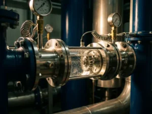 Präzisions-Durchflussmessgerät aus Edelstahl in industrieller Rohrleitung mit transparenten Abschnitten und Druckmessern