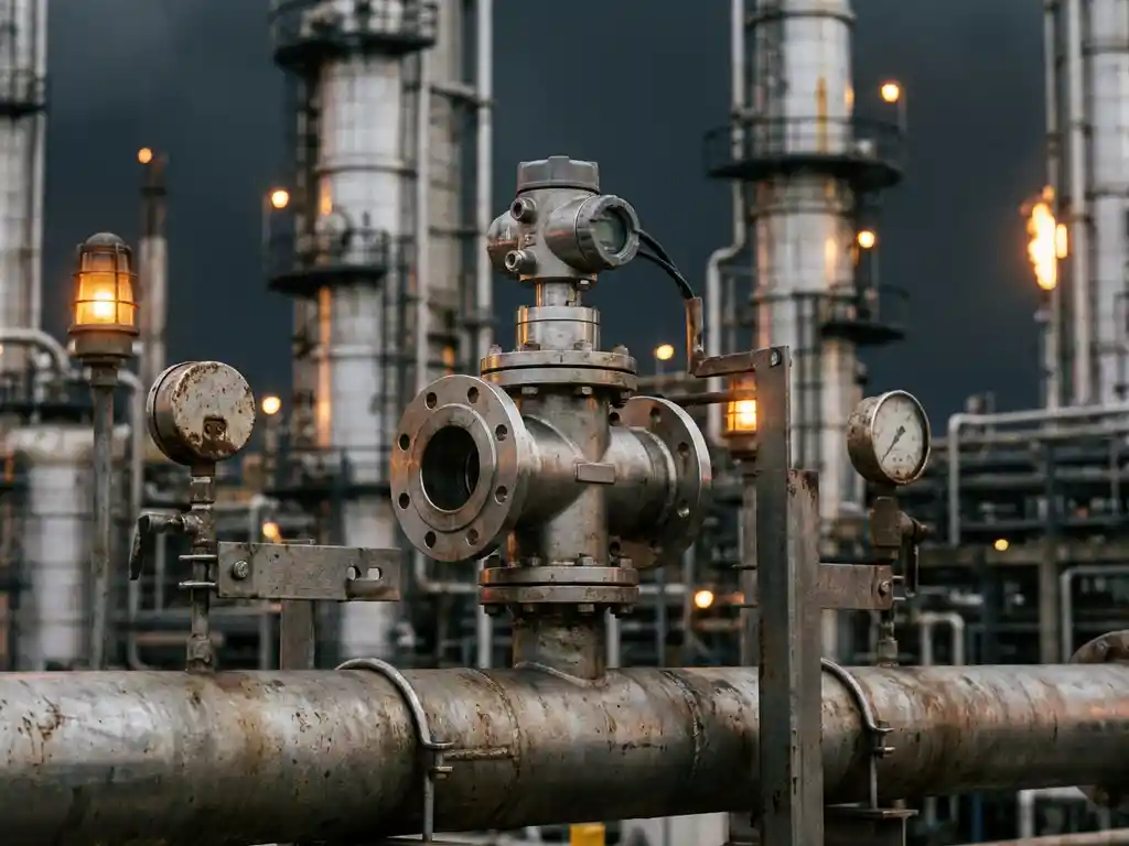 Edelstahl-Durchflussmessgerät an einer Öl-Pipeline in einer Raffinerie mit Druckmessern und Destillationskolonnen im Hintergrund.