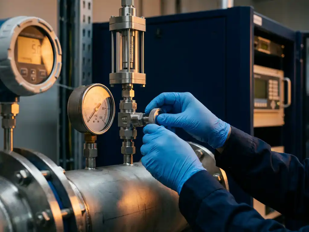 Kalibrierungstechniker justiert ein Präzisionsdurchflussmessgerät in einem Edelstahlrohr mit Druckmessgerät in Industrieumgebung.