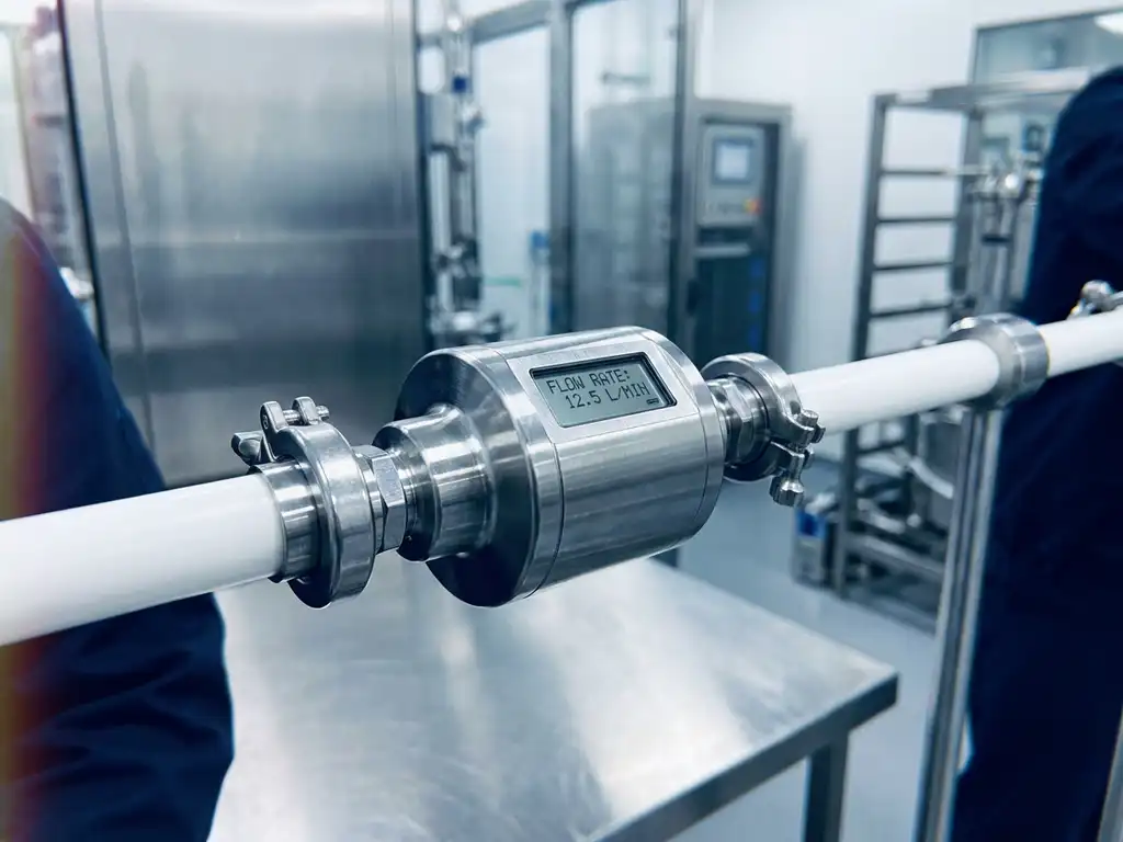 Edelstahl-Durchflussmessgerät in einer sterilen Pharma-Pipeline mit weißen Schläuchen und Präzisionsarmaturen.
