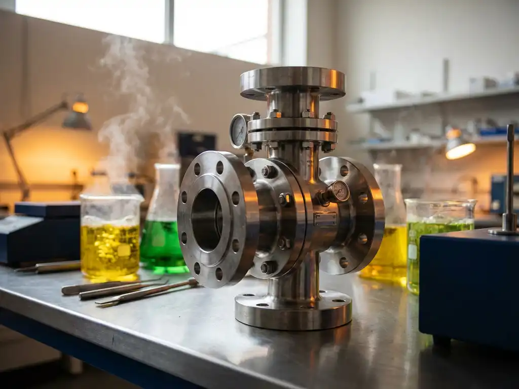 Robustes Edelstahl-Durchflussmessgerät in Industrielabor mit Glaskolben voller gelber und grüner Chemikalien