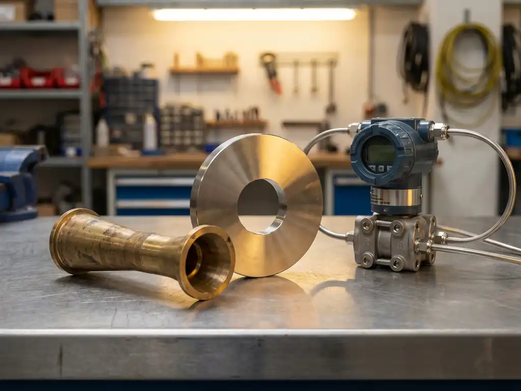 Präzisions-Durchflussmessgeräte auf Industriearbeitsplatz: Edelstahl-Blende, Messing-Venturi-Rohr und Differenzdrucktransmitter