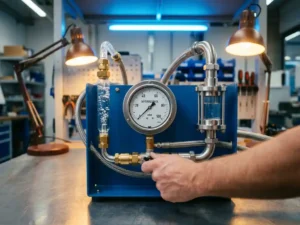 Präzisions-Durchflussmessgerät mit Doppelkammern, Gasblasen in transparenten Schläuchen und Flüssigkeitsstrom in Stahlrohren, analoges Differenzdruckmanometer auf Industriearbeitsfläche