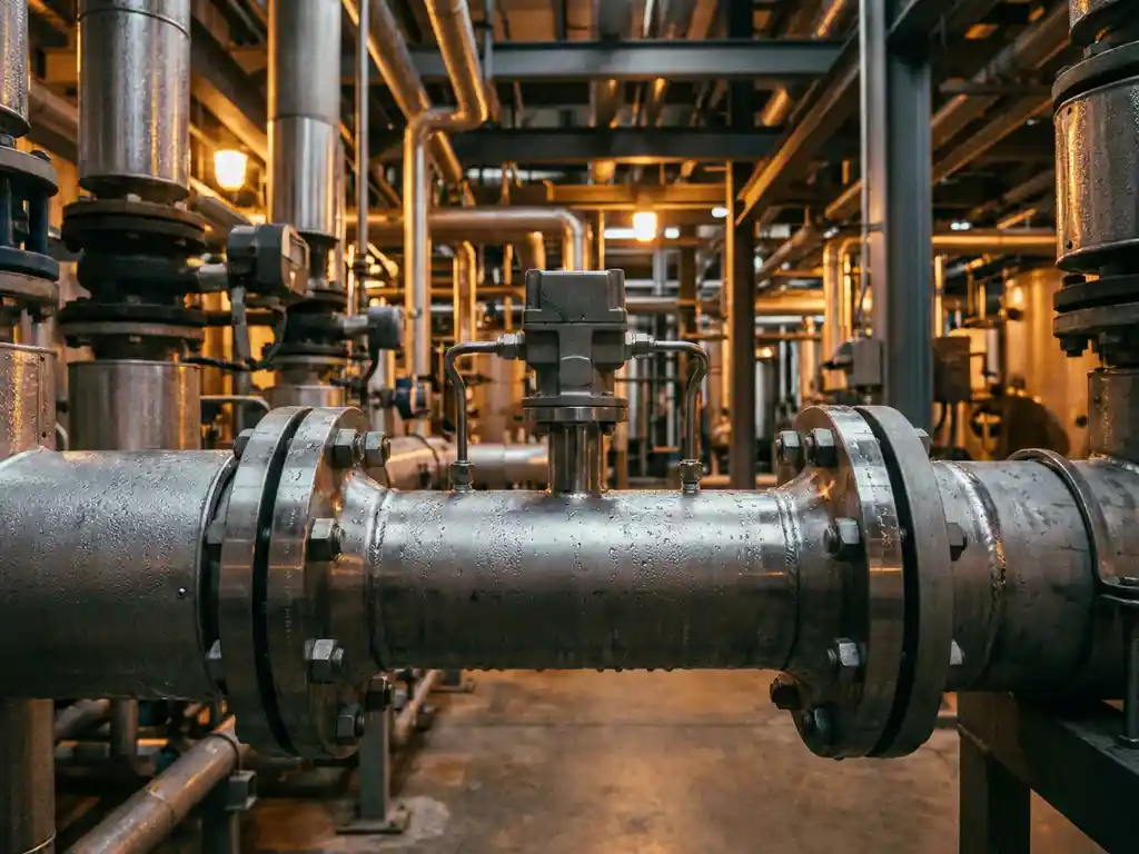Edelstahl-Durchflussmessrohr mit montiertem Differenzdrucksensor in einer Industrieanlage, Kondensation auf der Metalloberfläche sichtbar.