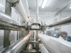 Edelstahl-Durchflussmessarmatur in einer hygienischen Lebensmittelverarbeitungsanlage mit sichtbarem Flüssigkeitsstrom.