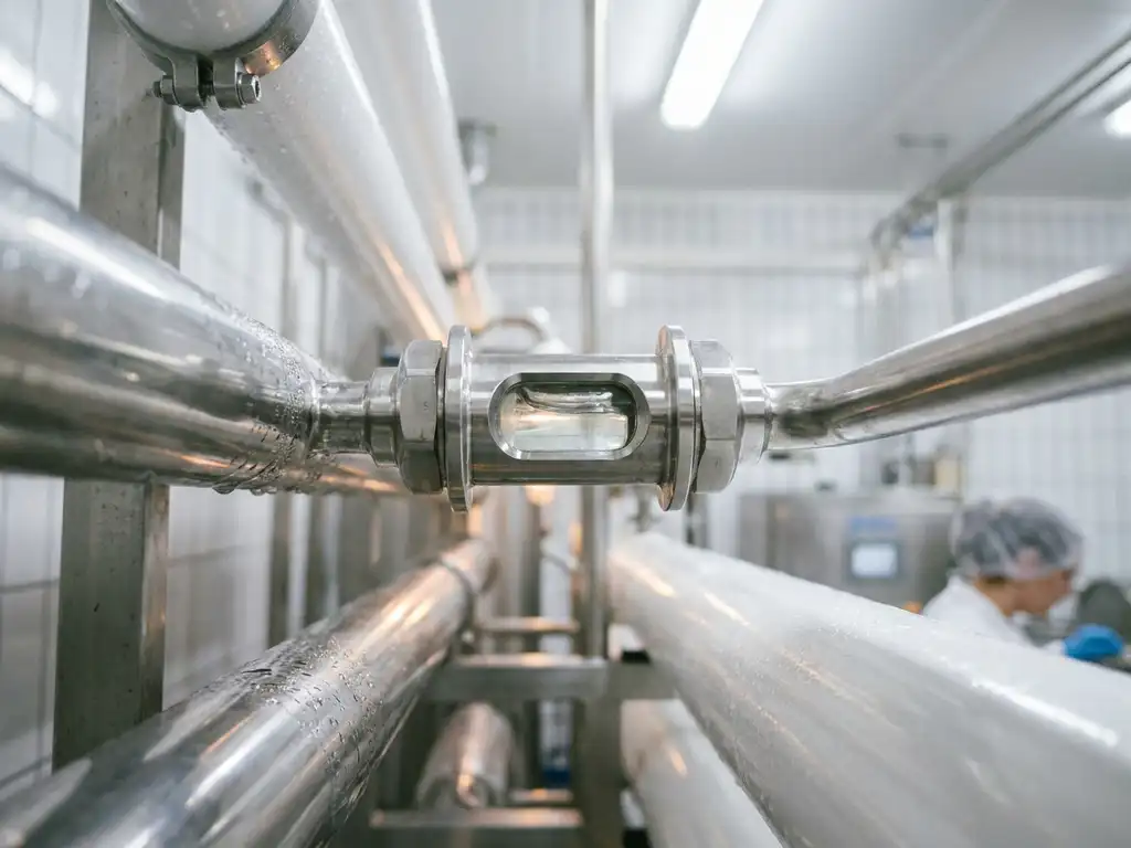 Edelstahl-Durchflussmessarmatur in einer hygienischen Lebensmittelverarbeitungsanlage mit sichtbarem Flüssigkeitsstrom.