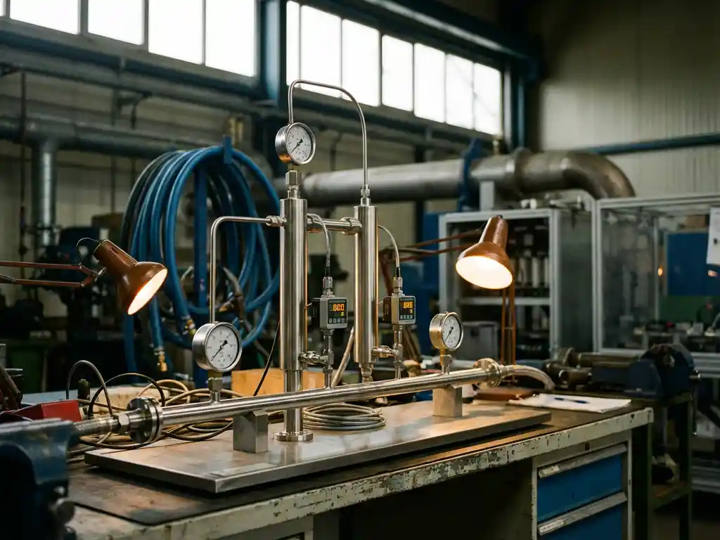 Präzisions-Durchflussmessgerät aus Edelstahl mit Drucksensoren und Messgeräten auf technischer Werkbank