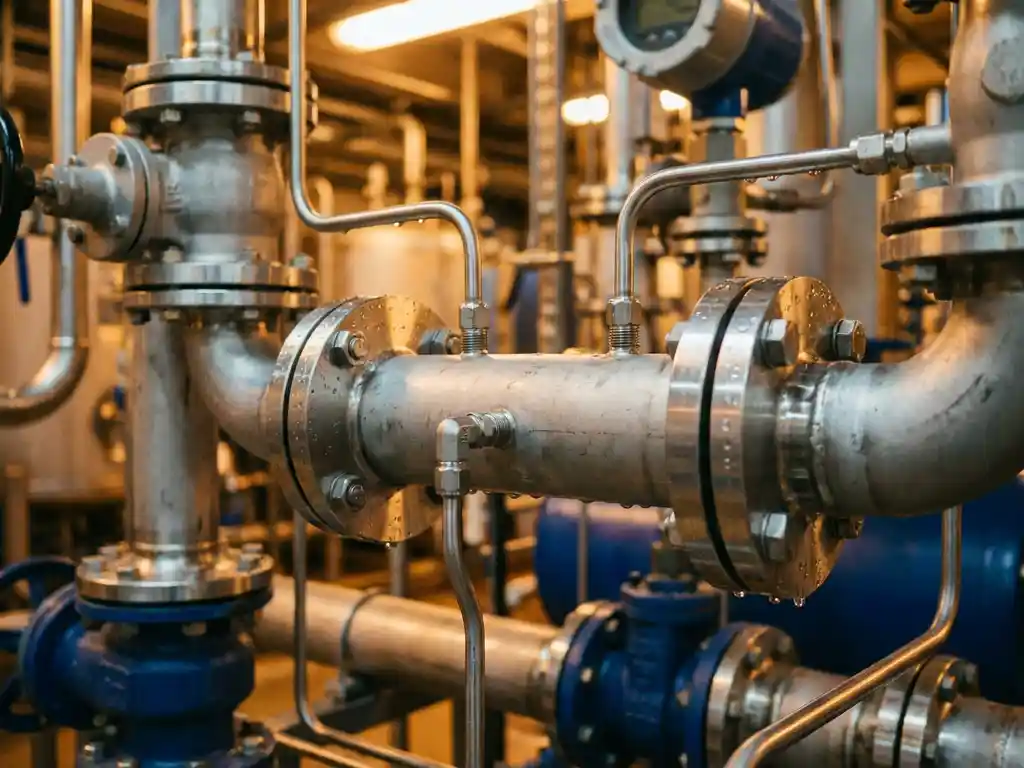 Edelstahl-Durchflussmessarmatur mit Druckabnahmebohrungen in einer Industrieanlage, umgeben von Rohrleitungen und Ventilen.