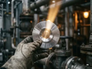 Gloved Hand hält eine präzisionsgefertigte Edelstahl-Blende mit zentraler Bohrung vor industriellen Metallrohren.