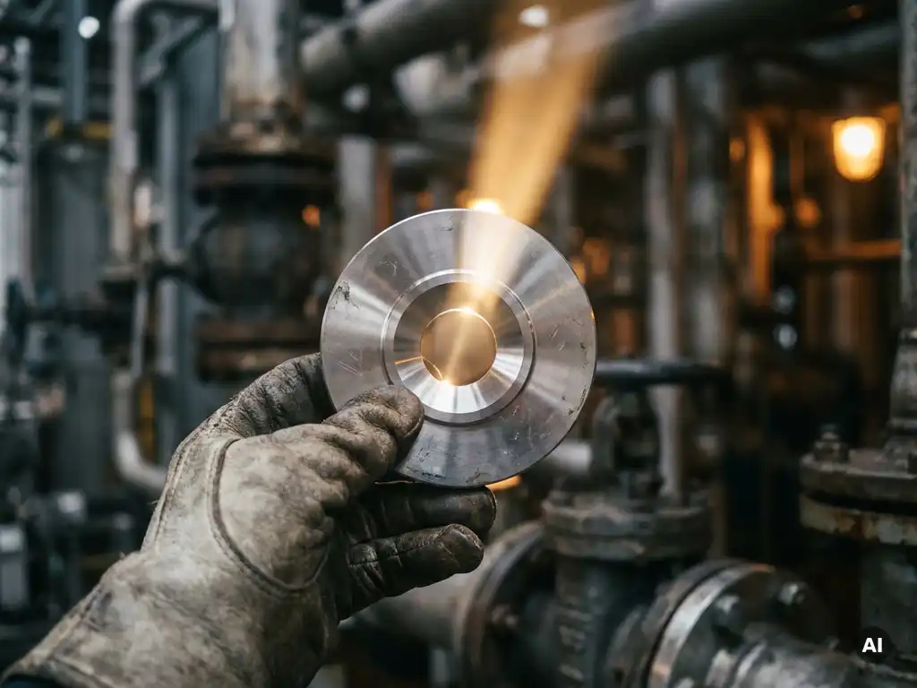 Gloved Hand hält eine präzisionsgefertigte Edelstahl-Blende mit zentraler Bohrung vor industriellen Metallrohren.