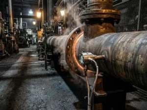 Differenzdrucksensor an glühendem Industrierohr mit aufsteigendem Dampf in heißer Fertigungsanlage.