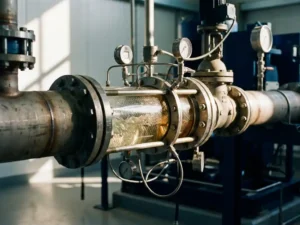 Industrielle Stahlrohrleitung mit Orifice-Plate-Armatur, Druckmessanschlüssen und sichtbarem Flüssigkeitsstrom in transparentem Rohrsegment.