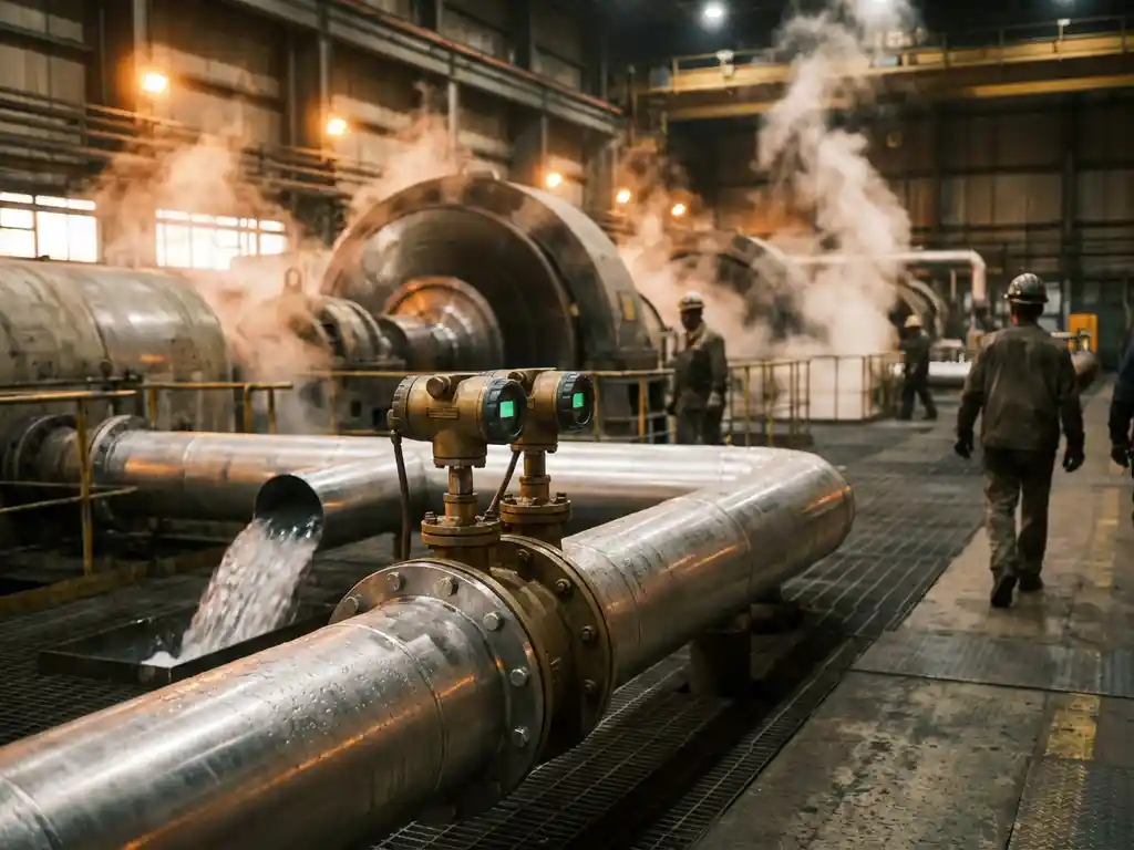 Industrielle Turbinenhalle mit glänzenden Stahlrohren, Durchflussmessgeräten mit Messingarmaturen und Dampf im Hintergrund