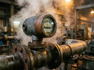 Industrieller Durchflussmesser an verwitterten Stahlrohren in dampfiger Fabrikhalle mit oxidiertem Metall und warmem Werkstattlicht.