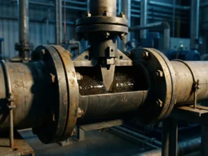 Keilblenden-Durchflussmesser in Industrierohr mit sichtbarem Querschnitt und dunkel-viskosem Fluid mit Schwebepartikeln.