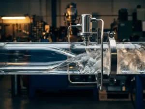 Querschnitt eines Glasrohrs mit laminarer und turbulenter Strömung, Differenzdrucksensor außen befestigt, industrielle Umgebung.