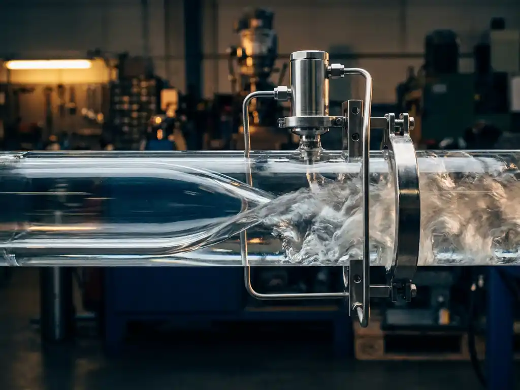 Querschnitt eines Glasrohrs mit laminarer und turbulenter Strömung, Differenzdrucksensor außen befestigt, industrielle Umgebung.