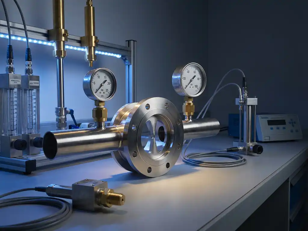 Edelstahlrohr mit Blende und Druckmessgeräten in technischem Labor, seitliche Beleuchtung mit scharfen Schatten