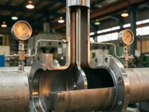 Präzisions-Blendenmessscheibe in Edelstahlrohr mit Kondensationstropfen, Druckabnahmestutzen und Differenzdruckmessgeräten in Industrieumgebung.