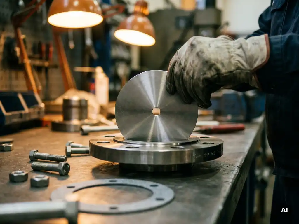 Techniker positioniert präzisionsgefertigte Edelstahl-Blende in industriellem Rohrflansch, umgeben von Bolzen und Dichtungen.