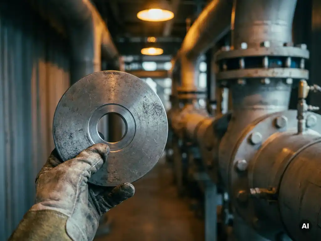 Präzisions-Blende aus Stahl mit zentraler Bohrung, in behandschuhter Hand in einem Rohrleitungskorridor mit sichtbaren Flanschen gehalten.