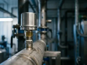 Präzisionsdrucksensor an einem Edelstahlrohr mit maschinell bearbeiteten Metallfittings und Gewindeanschlüssen in einer Industrieanlage.