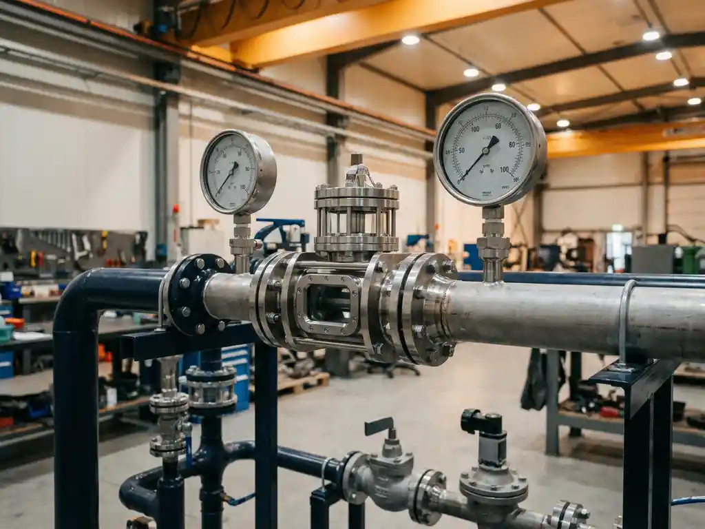 Präzisions-Durchflussmesser aus Edelstahl mit Druckmessgeräten an einem Rohrsystem in einer Industrieanlage mit warmem Umgebungslicht.