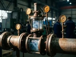 Industrieller Durchflussmesser in Stahlrohr mit sichtbarem Gasfluss, Druckmessgeräten und Metallflansche auf Fabrikboden.