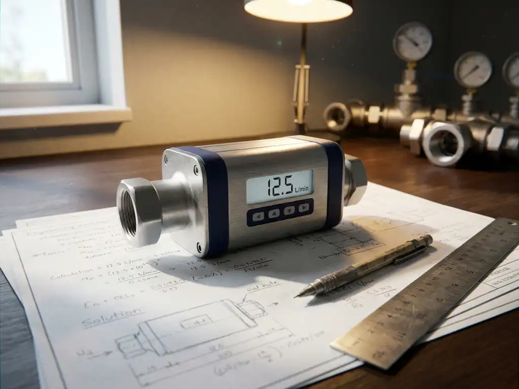 Präzisions-Durchflussmesser auf technischem Arbeitsblatt mit handgeschriebenen Maßangaben, Druckbleistift und Stahllineal, industrielle Rohrleitungsarmaturen im Hintergrund.