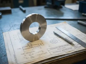 Polierte Edelstahl-Messblende auf technischer Zeichnung mit Ingenieurdiagrammen, Druckbleistift und Stahllineal daneben.