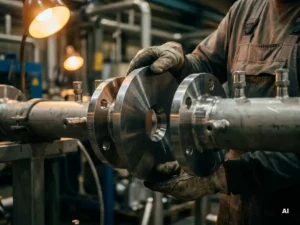 Präzisions-Blendenscheibe aus Stahl mit zentraler Bohrung, von behandschuhten Händen in einem Rohrabschnitt mit Edelstahlflanschen gehalten.