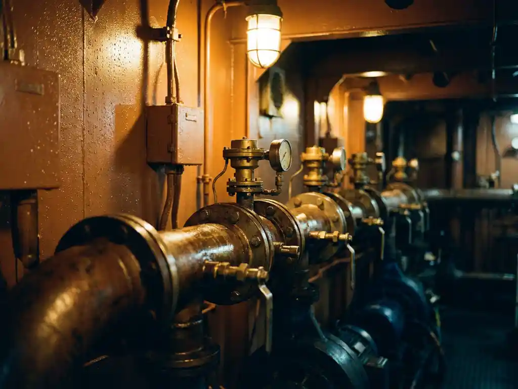 Durchflussmessanlage aus Stahl mit Differenzdrucksensoren in einem Maschinenraum eines Schiffes, warmes Industrielicht auf poliertem Metall.