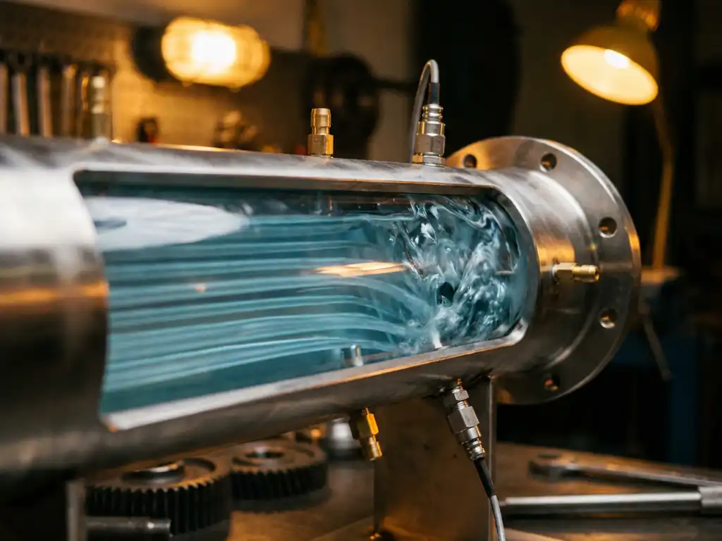Edelstahlrohr-Querschnitt mit laminarer und turbulenter Strömung, Druckmesspunkte an der Rohrwand, industrielle Präzisionsumgebung.