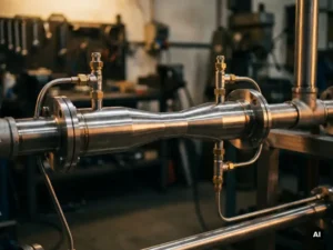 Edelstahl-Venturirohr mit Einlauf- und Diffusorbereich, horizontal in Industrierohrsystem montiert, Druckabnahmestutzen im Fokus.