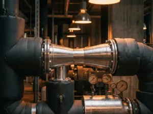 Edelstahl-Venturirohr in einer Industrieanlage, umgeben von isolierten Rohren und Druckmessgeräten im warmen Licht industrieller Lampen.