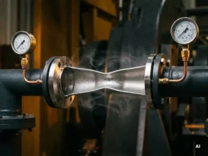 Venturi-Rohr aus Edelstahl im Querschnitt mit sichtbarem Druckunterschied an der Engstelle, umgeben von Präzisionsmanometern und Kupferarmaturen.