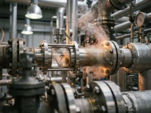 Edelstahl-Vortex-Durchflussmesser in industrieller Rohrleitung mit sichtbarer Dampf- oder Gasströmung in Fertigungsumgebung.